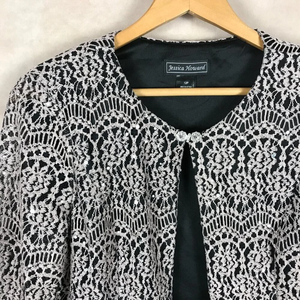 JESSICA HOWARD Tan/Black Lace Shrug Cardigan, 12P
